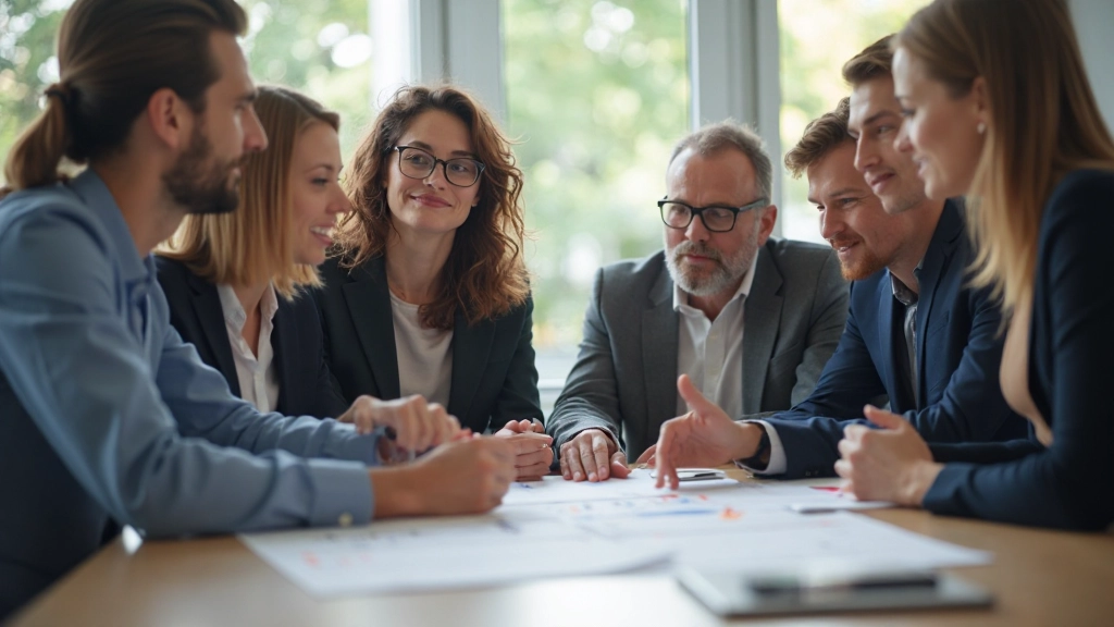 Team collaboratie meeting met prioriteitsmatrix visualisatie, professioneel kantoor met whiteboard, diverse werknemers