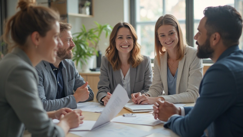 Professioneel team in overleg over strategie en productiviteit met grafieken en planningstools zichtbaar