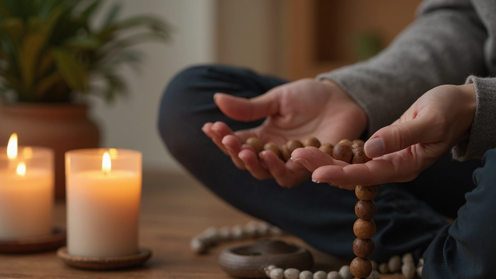 Close-up van handen met meditation mala beads op houten tafel met kaarsen