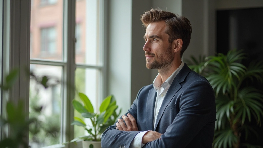 Foto van kantooromgeving met persoon die uit het raam kijkt, rustige werkplek met plantjes en natuurlijk licht