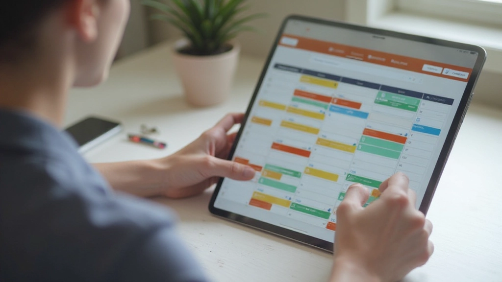Close-up van een digitale agenda met gekleurde blokkingen en notities voor dagstructuur