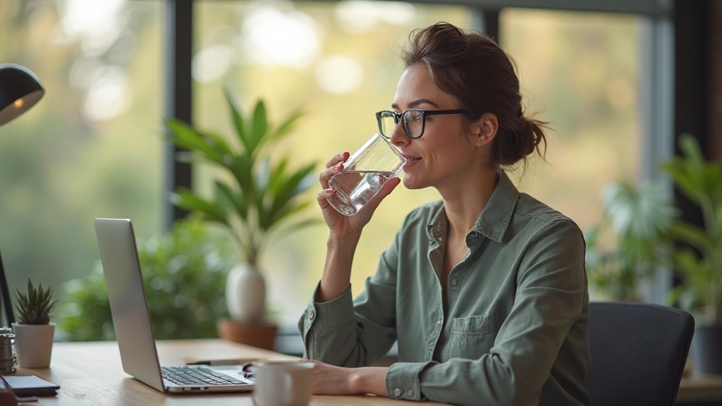 Foto van persoon die water drinkt en mediteert op kantoor, rustige werkplek met wellness-elementen