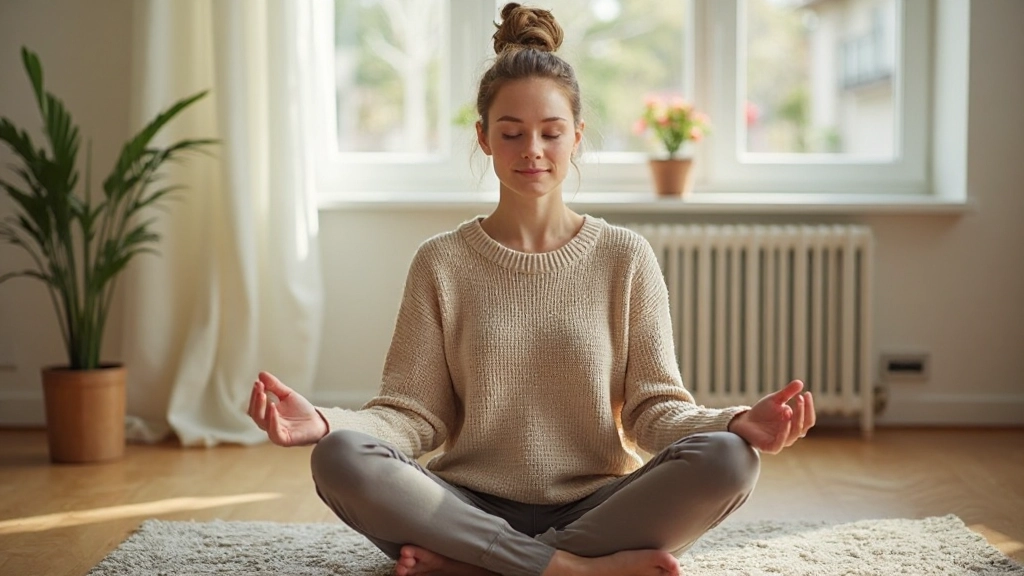 Vrouw die meditatieve oefening doet in rustige omgeving met natuurlijk licht