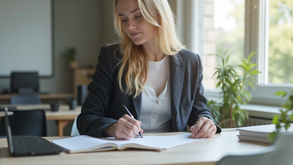 Professionele foto van een persoon die werkt aan dagplanning met aantekeningen op het bureau, modern kantooromgeving